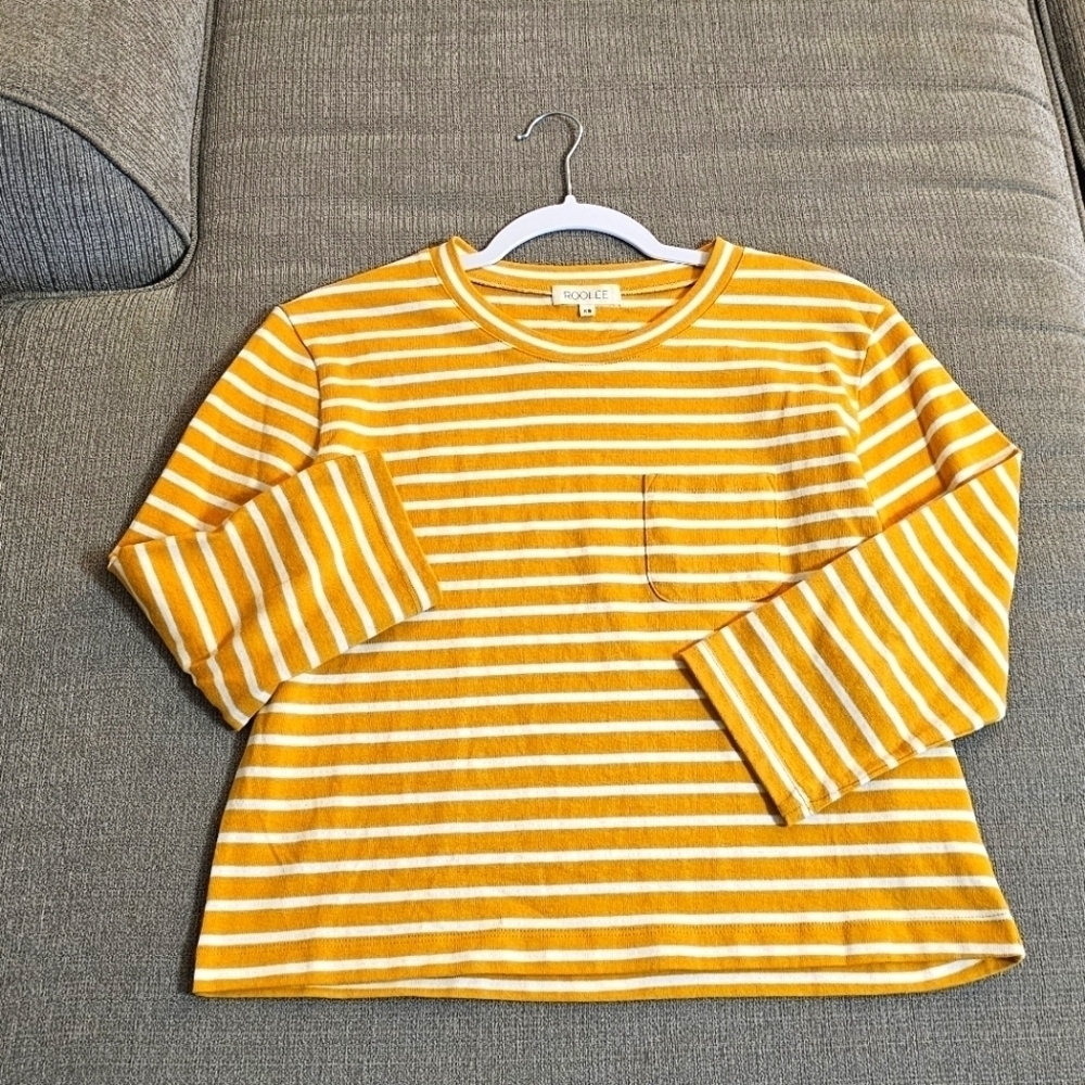 Roolee Yellow White Striped Casual Simple Crop Top Shirt Sizs XS